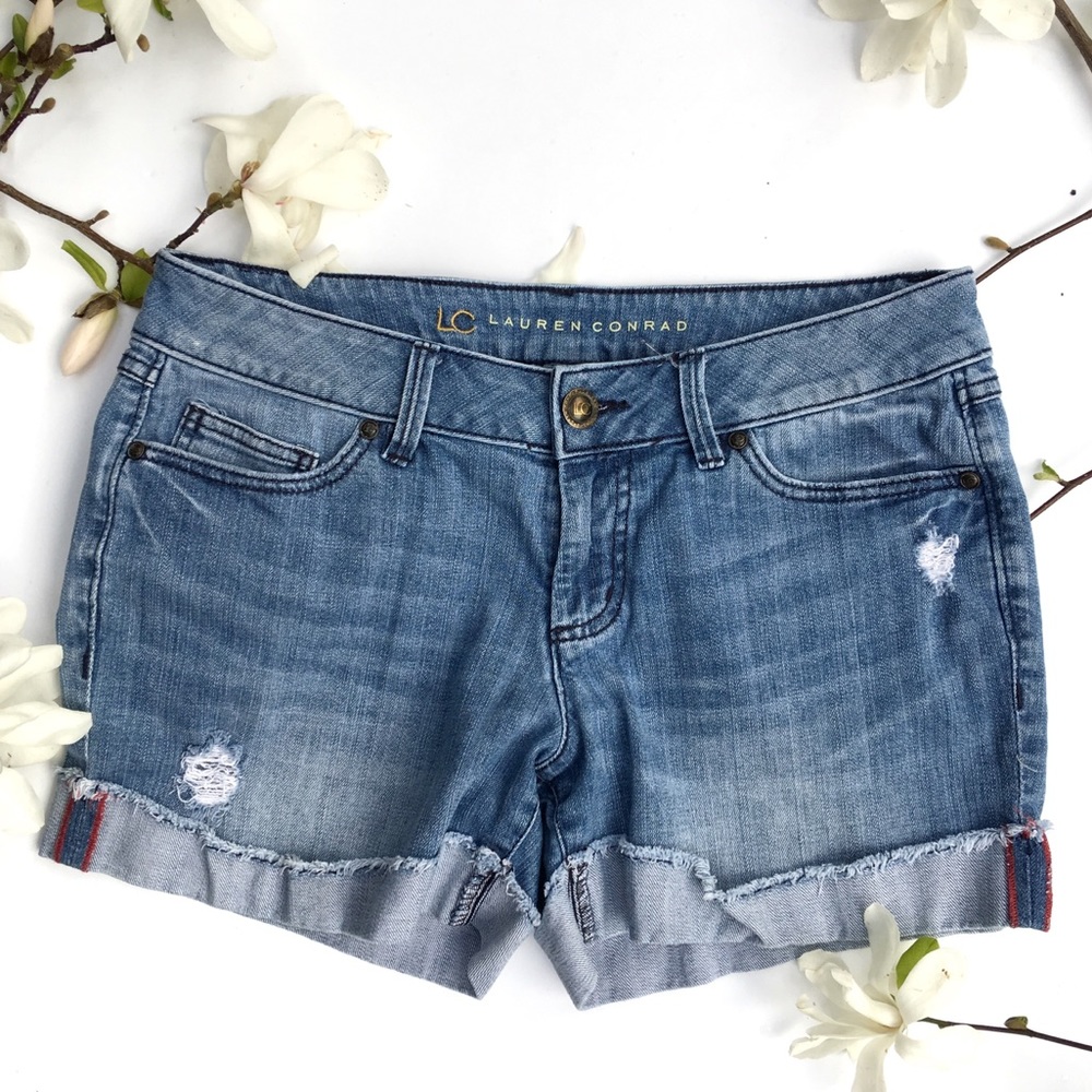 Lauren Conrad 8 denim cut-off distressed shorts.
